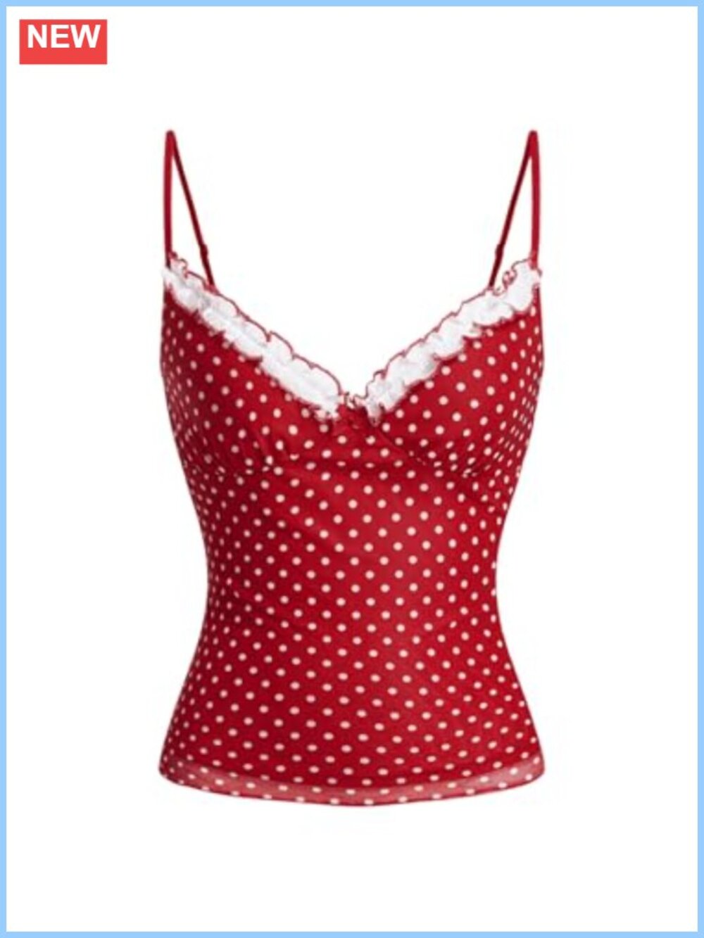 Women's Polka Dots Cami Top Frill Trim Spaghetti Strap V-Neck Slim Fit